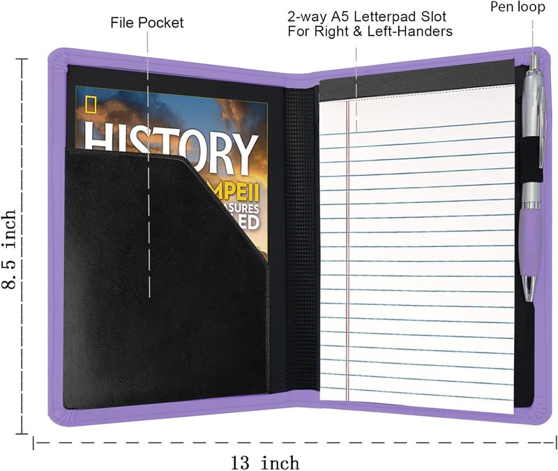 Konper Classic Padfolio/Junior Portfolio Folder Case, Business A5 Leather Organizer Binder for Men Women, A5 Writing Pad Included, Purple. - Image 3